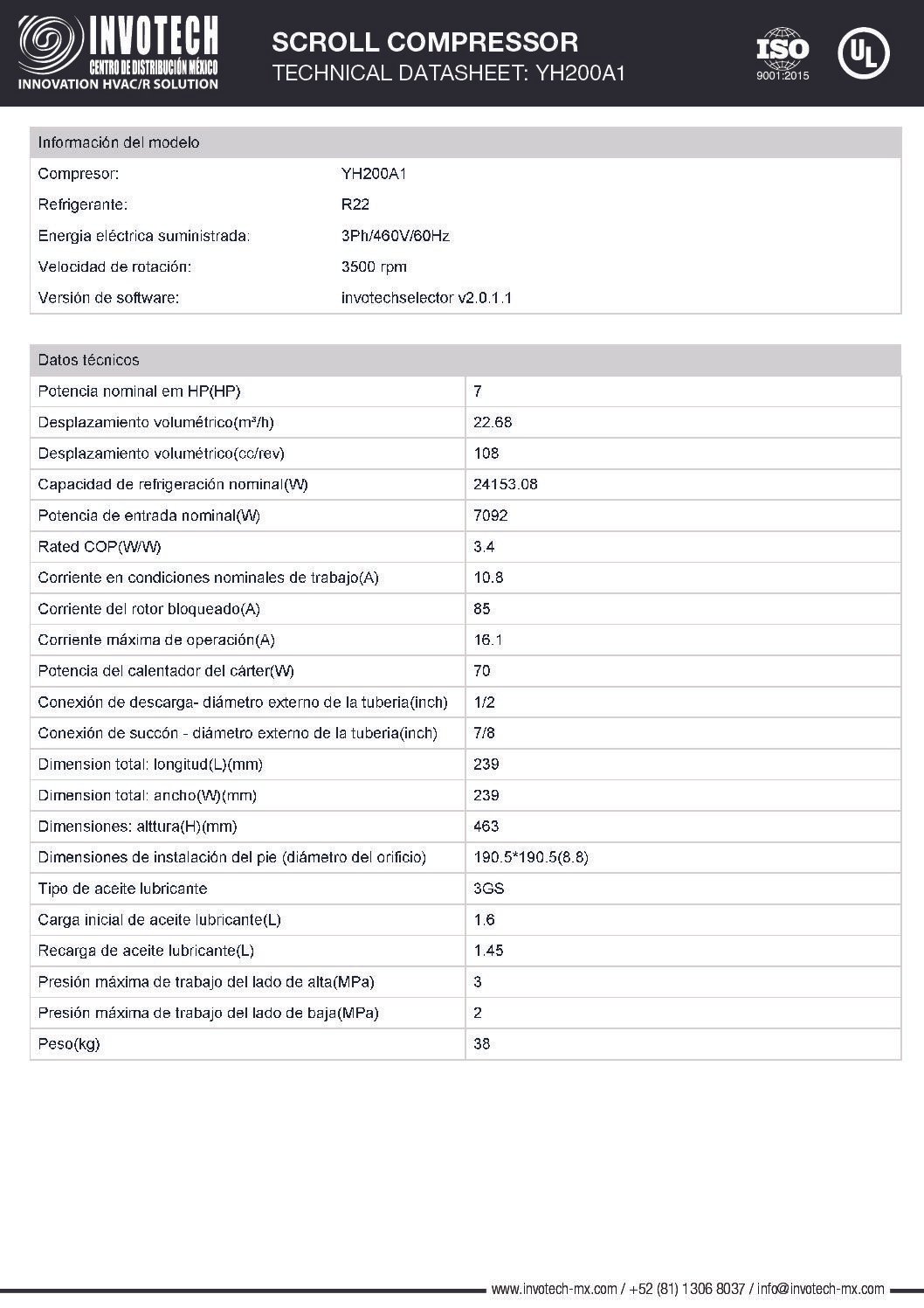 Compresor Scroll YH200A1-210 7hp 220/3/60 R22 - Image 2